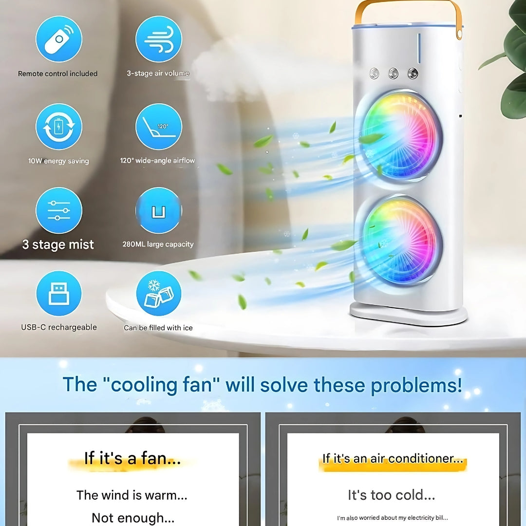 Double-Ended Spray Fan – 2X Cooling Power + Mist Refresh!