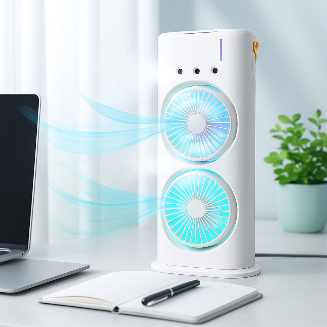 Double-Ended Spray Fan – 2X Cooling Power + Mist Refresh!