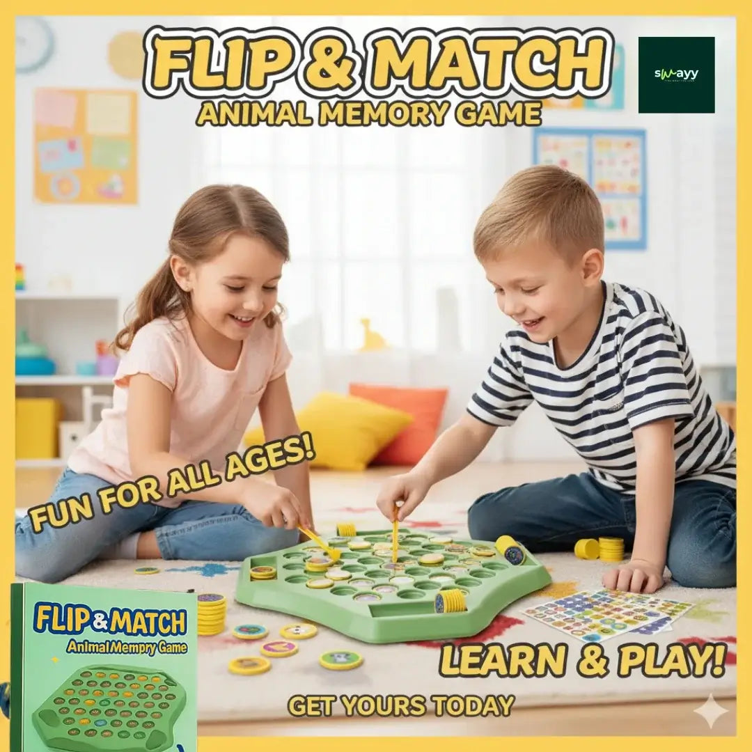 Flip & Match Animal Memory Game Board 4-Player Educational Puzzle Toy for Kids & Family